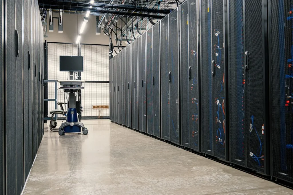 Server racks in secure data centre with CCTV monitoring and perimeter security protection