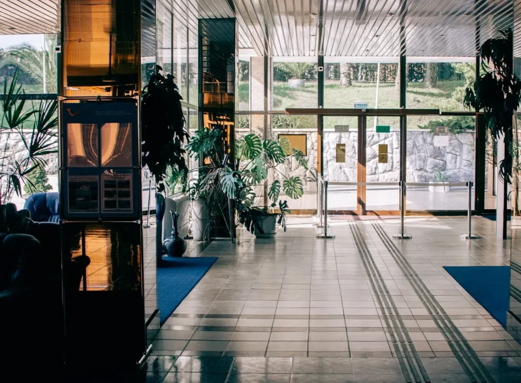 Bank branch entrance with security monitoring to help protect customers, staff and restricted banking areas