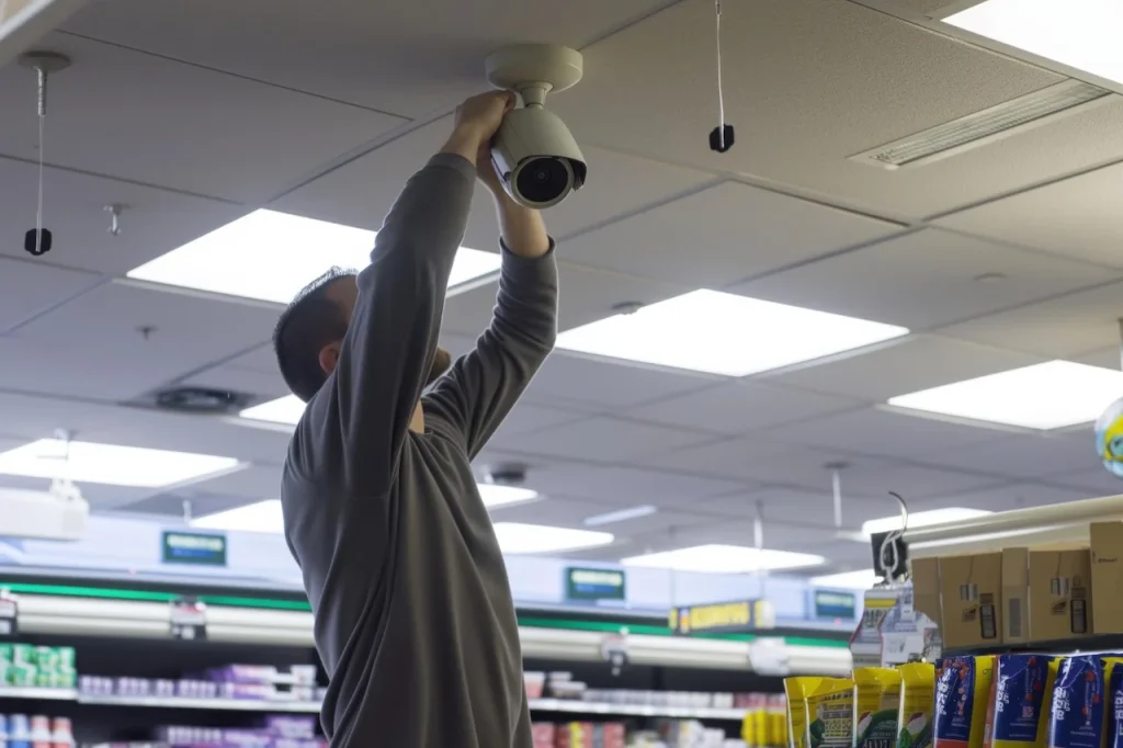 Store owner checking a ceiling-mounted CCTV camera in a retail store to support alarm verification